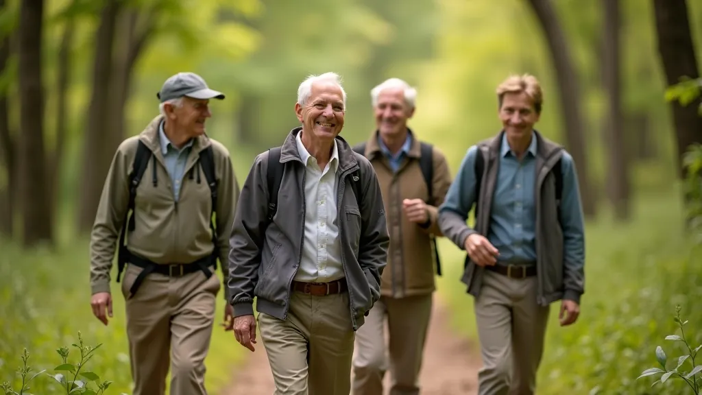 Senioru grupa pārgājiena laikā, smaidot un parunājot viens ar otru
