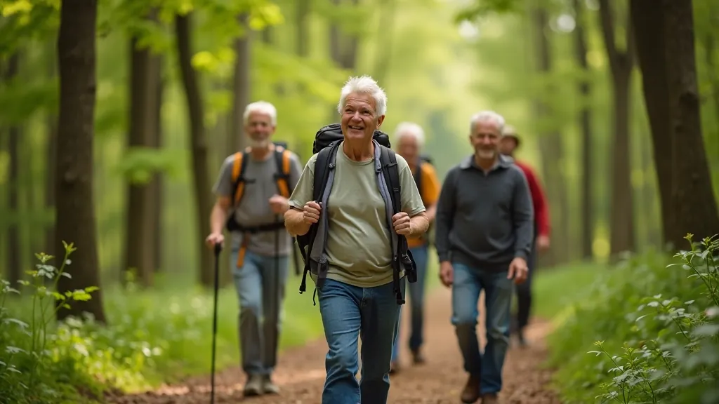 Seniori pārgājienā mežā