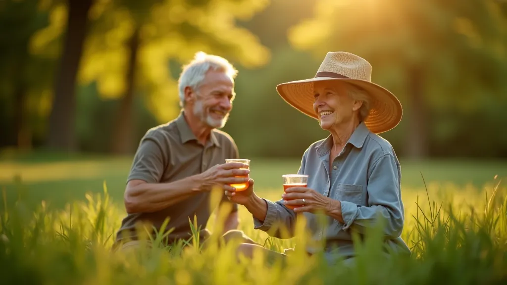 Seniori pārgājienā dabā, zaļas meža takas, veselības un dzīves pozitīvs noskaņojums