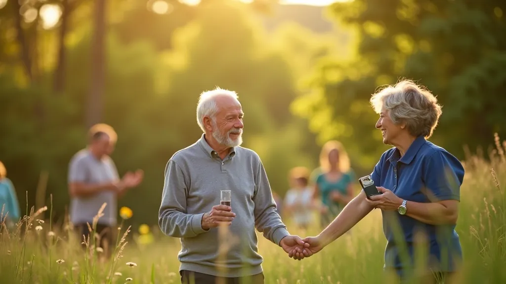 Seniori pārgājienā pa skaistām takām, grupā ejot pa meža ceļu ar skaidru debesīm